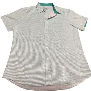 Nick Graham Button Down Shirt Mens XL Green Blue Dot Stretch Modern Fit Short Sl